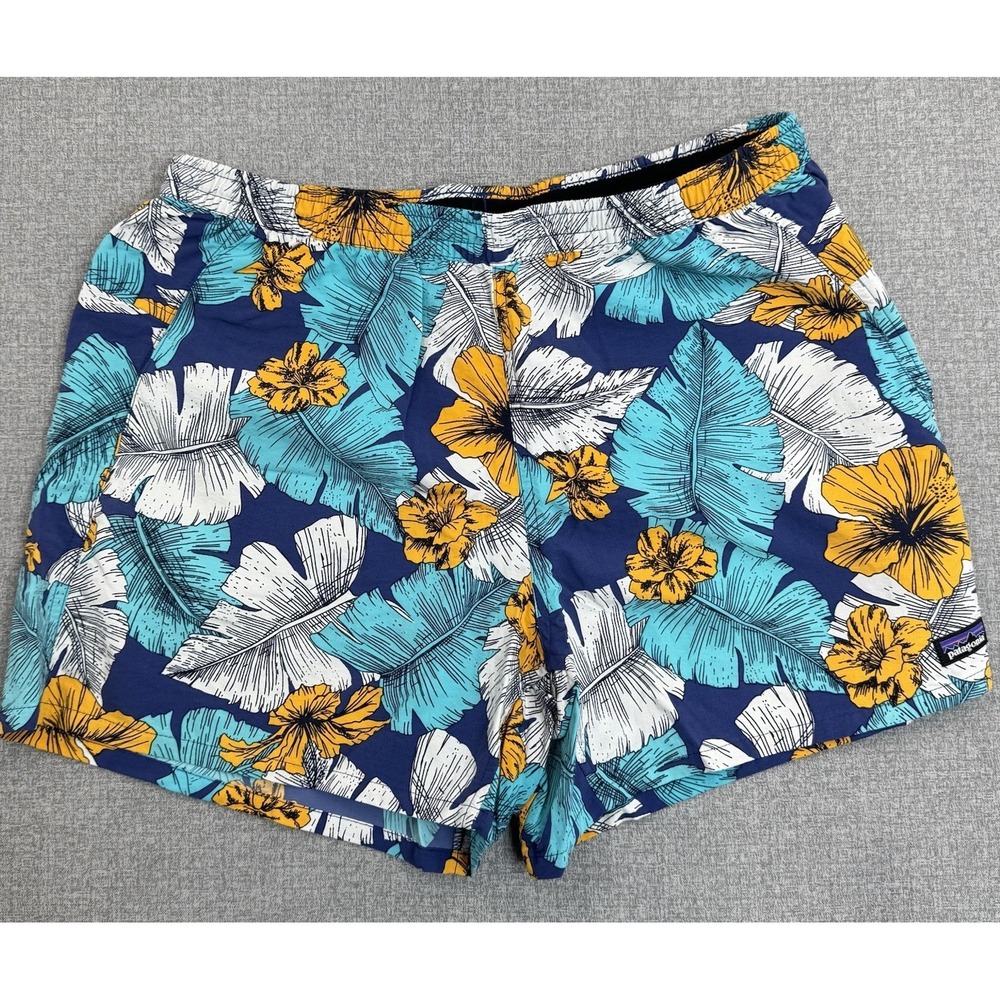 Patagonia Men's Swim Trunks L Blue Floral Hibiscus Board Shorts Tropical Print